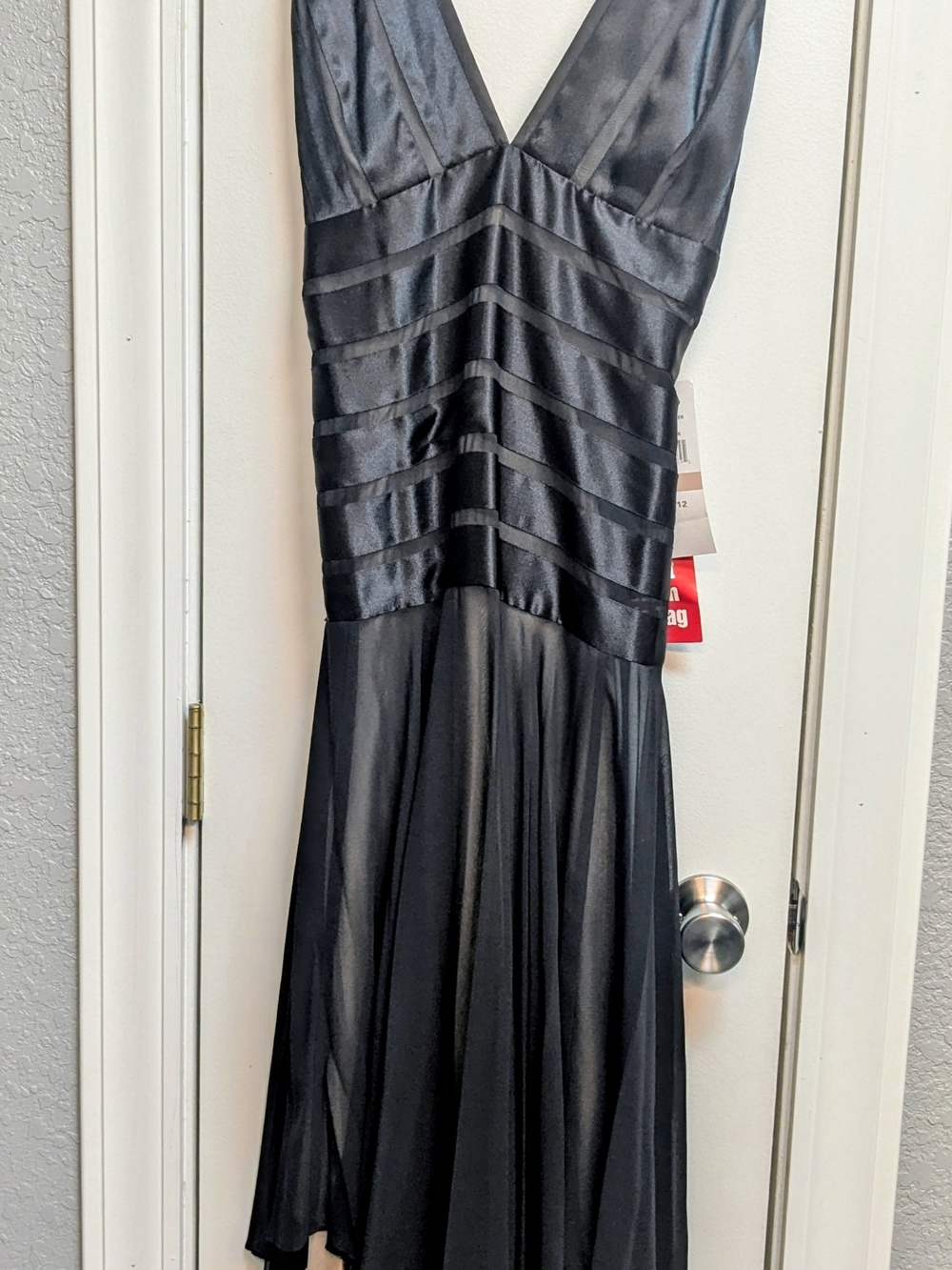 S.L. Fashions Black V-Neck Satin-Striped Midi Dress
